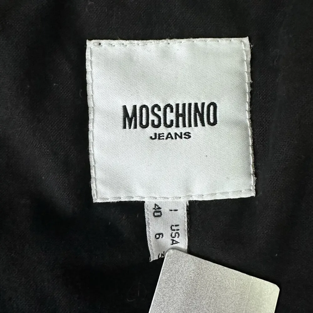 Moschino Jeans Moto Jacket Women's 6 Black Shiny Textured Wool Blend‎ Italy Zip